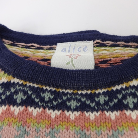 Large Roomie Dk Blue Sweater all Cotton w Flowers with stripes - Picture 4 of 7